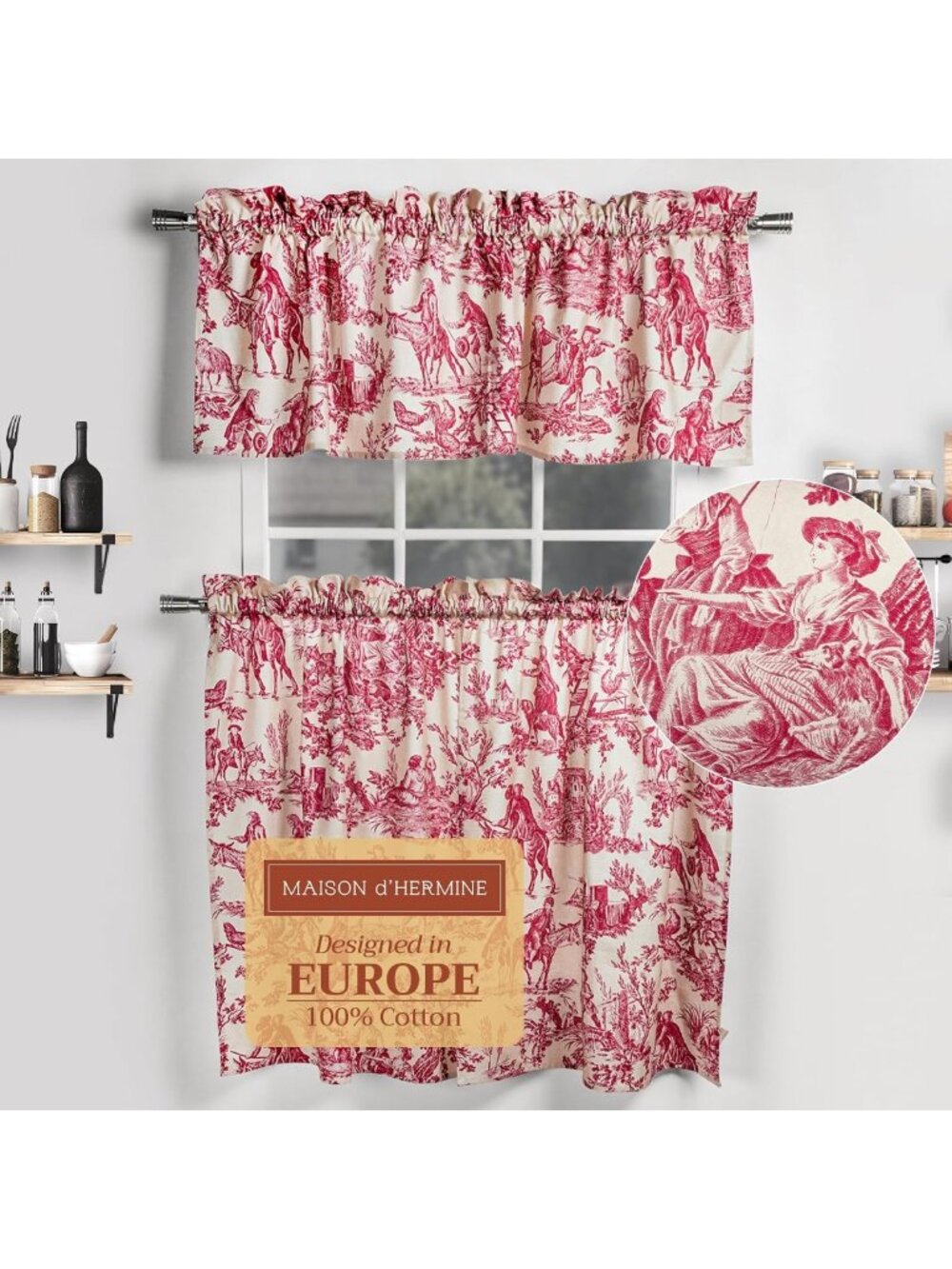 100% Cotton Kitchen Curtain Set - Rod Pocket Design for Windows, Elegant Home